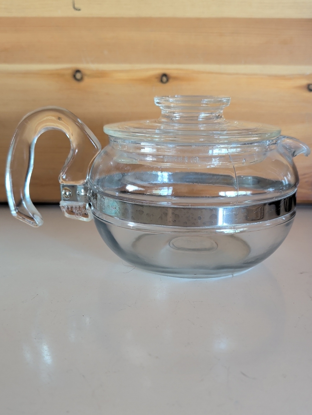 VTG. Pyrex Flameware Clear Glass Teapot with Silver Accent Lid. Made In USA